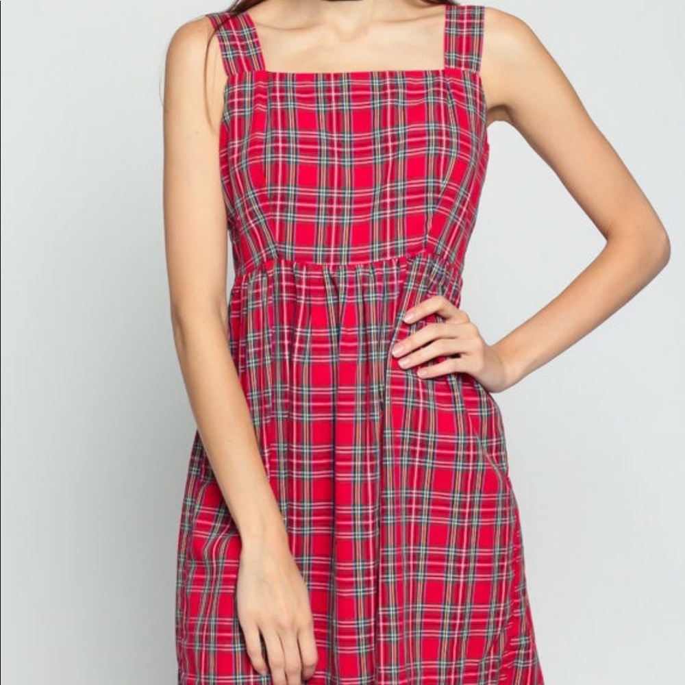 Red Plaid Dress 70s Babydoll Dress Mod Mini 1970s Boho Preppy Vintage Tartan med - Picture 3 of 5